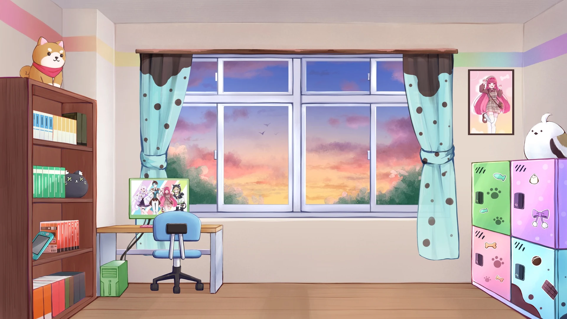 窓から夕焼けが見える、ほうてりの放課後の部屋